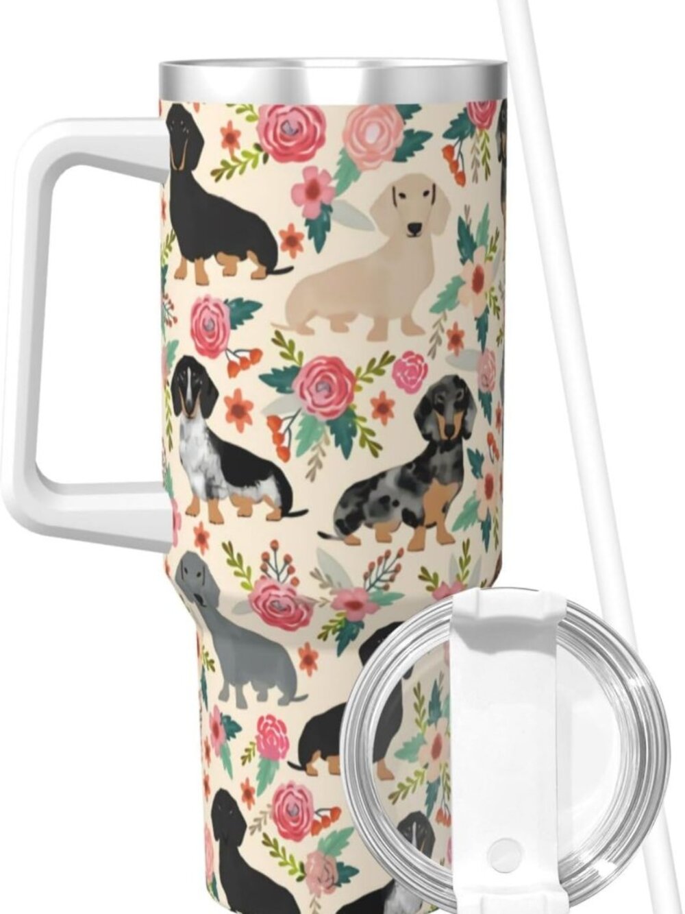 Dachshund Tumbler with Handle & Straw - Insulated 40 oz Travel Mug, Pink Floral